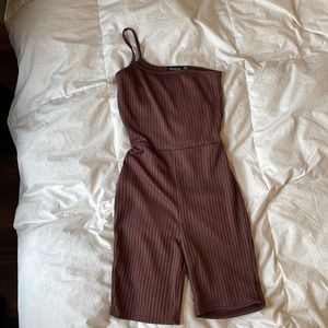 Boohoo brown biker one-shoulder jumpsuit/romper Y2K
